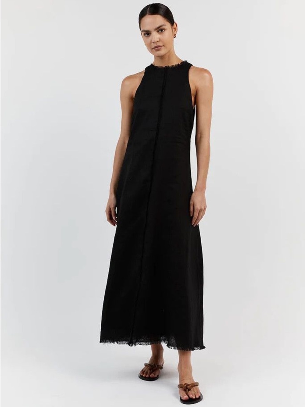 DISSH Georgie Black Linen High Neck Dress Sleeveless Frayed Edges Lined Casual